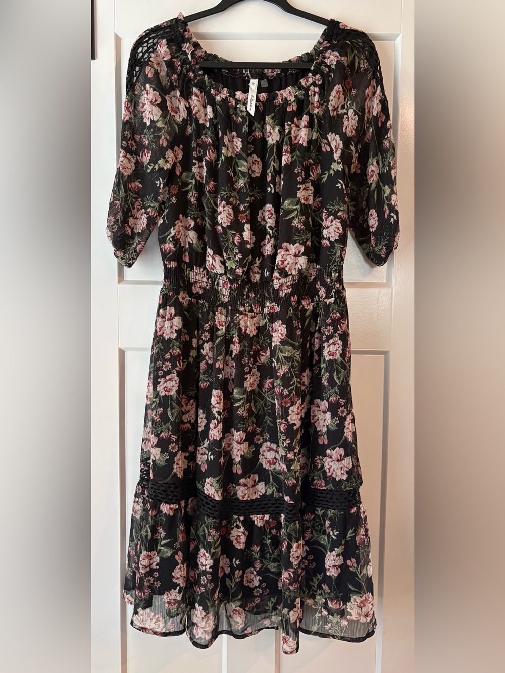 NY Collection Black Midi Dress with Pink Floral Print